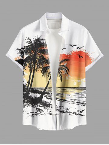 Plus Size Coconut Tree Seascape Bird Ombre Colorblock Print Buttons Pocket Hawaii Shirt For Men - WHITE - M