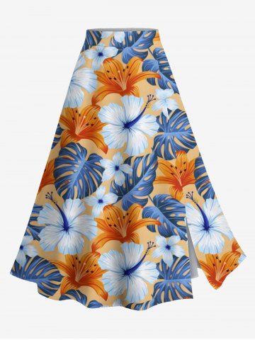 Plus Size Tropical Leaf Hibiscus Flower Print Hawaii Split A Line Skirt