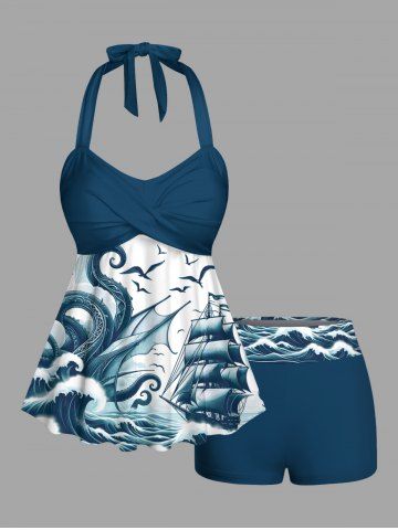 Sailboat Octopus Sea Waves Bird Print Hawaii Cruise Twist Halter Backless Boyleg Tankini Swimsuit - DEEP GREEN - 6X