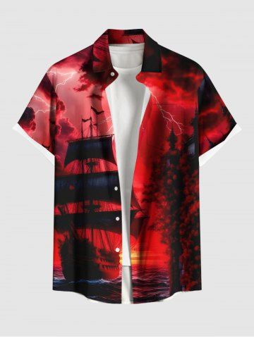 Plus Size Sailboat Sea Lightning Ombre Galaxy Print Hawaii Cruise Button Pocket Shirt For Men - RED - L