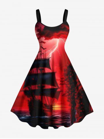 Plus Size Sailboat Sea Lightning Ombre Galaxy Print Hawaii Cruise A Line Dress - RED - S