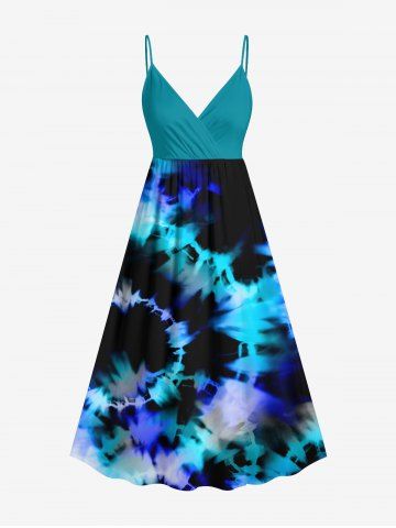 Plus Size Spiral Tie Dye Print Hawaii Surplice A Line Cami Dress - GREEN - XXS