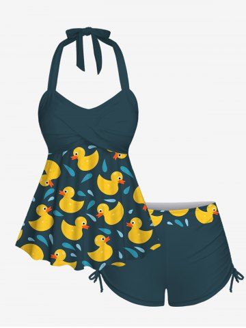 Duck Water Drop Print Hawaii Twist Halter Backless Cinched Boyleg Tankini Swimsuit - DEEP GREEN - 6X