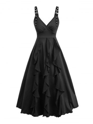 Ruffles Surplice Solid Straps Buckle Grommet A Line Dress - BLACK - XL