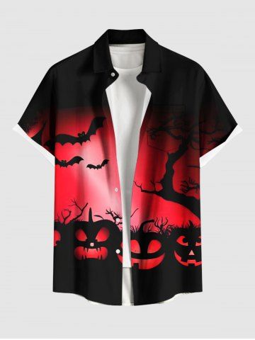 Plus Size Pumpkin Bat Tree Dip Dye Ombre Print Halloween Button Pocket Shirt For Men - RED - 2XL