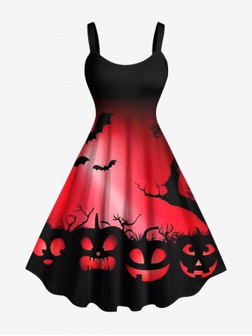Plus Size Pumpkin Bat Tree Dip Dye Ombre Print Halloween A Line Tank Dress - RED - XXS
