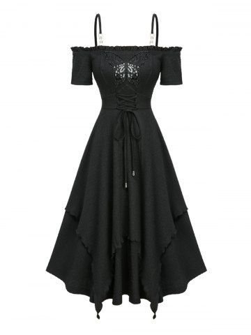 Cold Shoulder Butterfly Applique Lace Up Textured Layered A Line Cami Dress - BLACK - XXXL