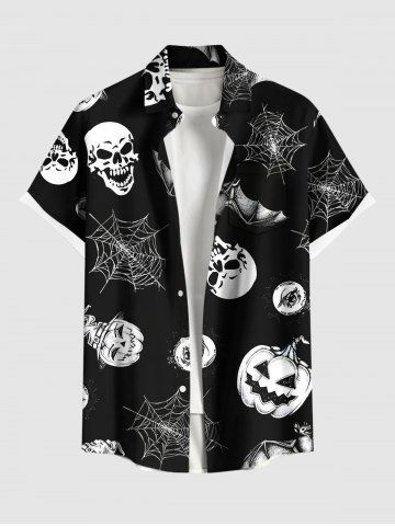 Plus Size Pumpkin Skull Spider Web Bat Print Halloween Button Pocket Shirt For Men - BLACK - 3XL