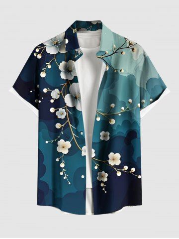 Plus Size Ombre Watercolor Flower Branch Print Hawaii Button Pocket Shirt For Men - DEEP GREEN - 6XL