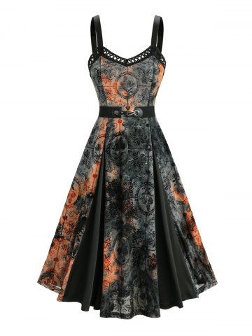 Tulip Flower Flocking Tie Dye Mesh Patchwork A Line Cami Dress with Removable Belt - BLACK - XL