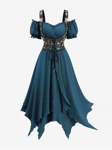 Plus Size Cold Shoulder Puff Sleeves Butterfly Embroidered Lace Up Twist Corset Textured 2 in 1 Handkerchief Dress - DEEP GREEN - 1X | US 14-16