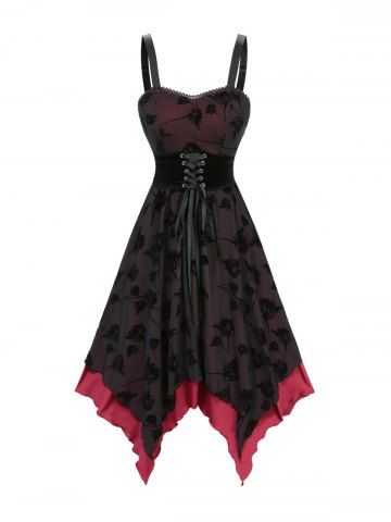 Rose Flower Lace Flocking Lace-up Belted Layered Handkerchief Asymmetric Dress - BLACK - XL