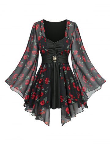Flare Sleeve Rose Flower Printed Ruched Belted 2 in 1 Top - BLACK - S