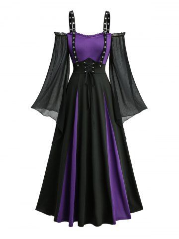 Chiffon Textured Sleeve Cold Shoulder Two Tone Patchwork Lace Up Vintage A Line Dress - PURPLE - XXL