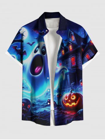Pumpkin Ghost Castle Ombre Galaxy Bat Print Halloween Button Pocket Shirt For Men - BLACK - XL
