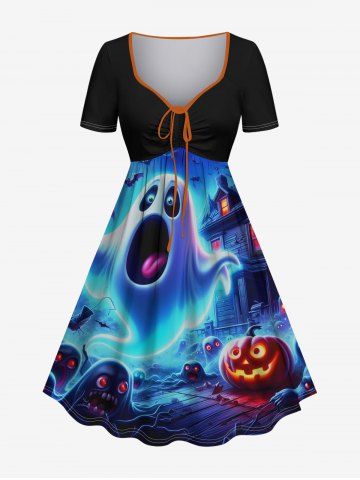 Robe trapèze ceinturée Halloween à imprimé citrouille, fantôme, château, galaxie dégradée et chauve-souris - SKY BLUE - L