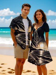 Coconut Tree Sunset Sea Waves Print Plus Size Matching Hawaii Beach Outfit For Couples -  
