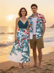 Tenue de plage hawaïenne assortie grande taille à imprimé fleurs et feuilles pour couples - Blanc 