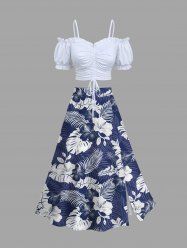 Cinched Solid Ruffles Cropped Top and Tropical Leaf Hibiscus Flower Print Hawaii Split A Line Skirt Plus Size Matching Set - Blanc 