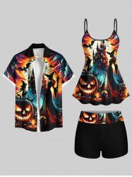 Halloween Skull Pumpkin Wizard Bat Castle Print Shirt Swimsuit Plus Size Matching Outfit For Couples -  