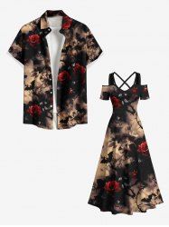Halloween Rose Flower Bat Dark Style Print Plus Size Matching Outfit For Couples - café 