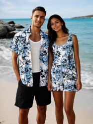 Matching Hawaii Shirt and Romper Plus Size Beach Outfit Flowers Leaf Printed for Couples -  