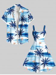Coconut Tree Sea Waves Boat Print Plus Size Matching Hawaii Beach Outfit For Couples -  