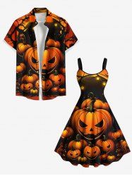 Tenue assortie grande taille pour couple, motif citrouille, lune, étoiles et arbre, pour Halloween - Orange 