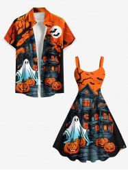 Halloween Costume Pumpkin Ghost Bat Castle Print Plus Size Matching Outfit For Couples -  
