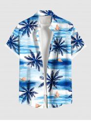 Plus Size Coconut Tree Sea Waves Boat Print Buttons Pocket Hawaii Shirt For Men -  