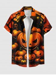 Plus Size Halloween Pumpkin Moon Stars Tree Print Buttons Pocket Shirt For Men -  