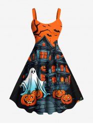 Plus Size Halloween Costume Pumpkin Ghost Bat Castle Print Tank Dress -  