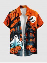 Plus Size Halloween Costume Pumpkin Ghost Bat Castle Print Buttons Pocket Shirt For Men -  