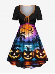 Plus Size Halloween Pumpkin Coconut Tree Moon Bat Print Cinched Dress -  