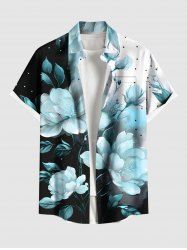 Chemise hawaïenne grande taille à imprimé floral et feuilles ombré, boutons et poches pour homme - Noir 6XL