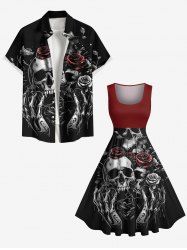 Halloween Skull Skeleton Claw Rose Flowers Print Plus Size Matching Outfit For Couples -  