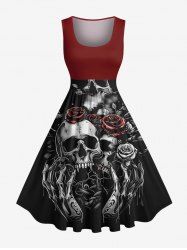 Robe vintage années 50 à imprimé tête de mort, squelette, griffe, roses, grande taille - Rouge 6X