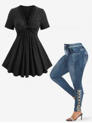 Ensemble haut à col côtelé pailleté et bordure florale géométrique torsadée, leggings en denim effet vieilli 3D, grande taille - Noir 