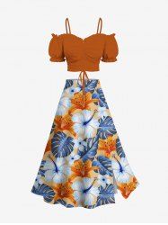 Solid Cinched Top and Tropical Leaf Hibiscus Flower Print Hawaii Split A Line Skirt Plus Size Matching Set -  