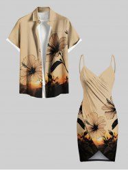 Hibiscus Flower Sunset Print Plus Size Matching Hawaii Beach Outfit For Couples -  