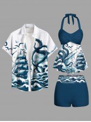 Maillot de bain grande taille à imprimé voilier, poulpe, vagues, oiseaux, tenue de plage hawaïenne assortie pour couples - Vert profond 