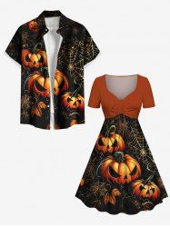 Halloween Pumpkin Leaf Spider Web Print Plus Size Matching Outfit For Couples -  