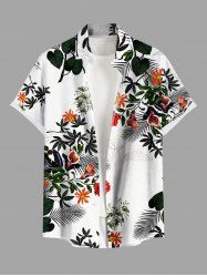 Plus Size Tropical Leaf Flower Branch Print Hawaii Button Pocket Shirt For Men -  