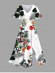 Robe mi-longue hawaïenne fendue à imprimé feuilles tropicales et branches de fleurs, grande taille - Blanc 6X