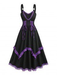 Lace Up Contrast Piping Ruffles Textured Layered A Line Tank Dress - Noir XXXL