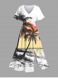 Plus Size Coconut Tree Seascape Bird Ombre Colorblock Print Split Hawaii Midi Dress -  