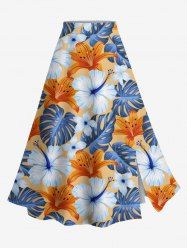 Jupe trapèze fendue hawaïenne grande taille à imprimé feuilles tropicales et fleurs d'hibiscus - Bleu Ciel M