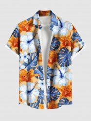 Chemise hawaïenne grande taille à imprimé feuilles tropicales et fleurs d'hibiscus pour homme - Bleu Ciel L