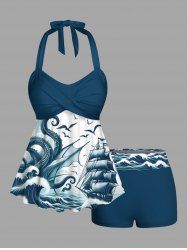 Sailboat Octopus Sea Waves Bird Print Hawaii Cruise Twist Halter Backless Boyleg Tankini Swimsuit -  
