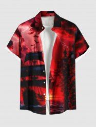 Plus Size Sailboat Sea Lightning Ombre Galaxy Print Hawaii Cruise Button Pocket Shirt For Men -  